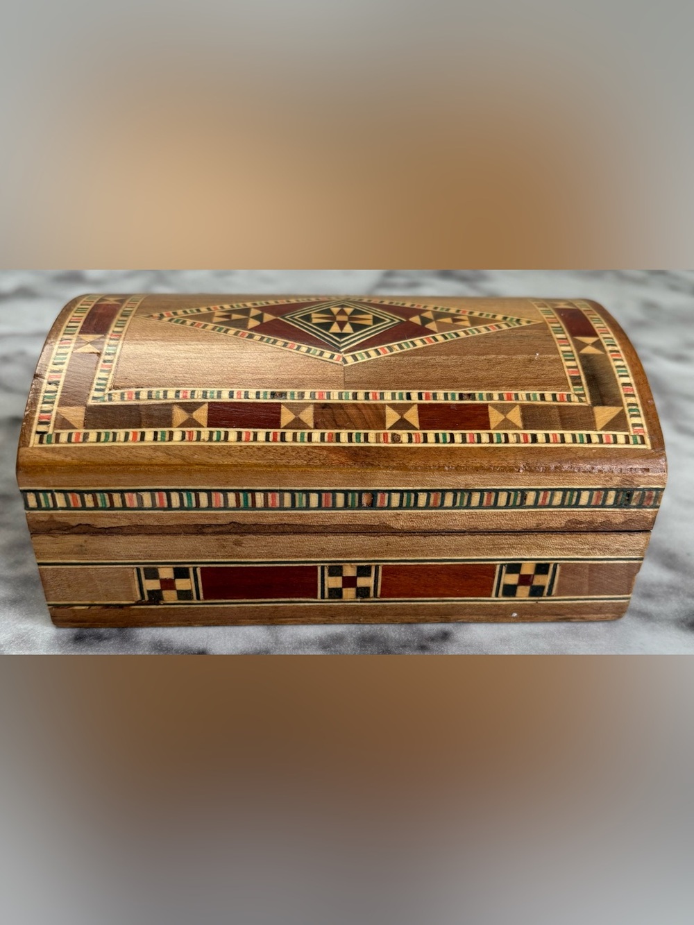 Vintage Geometric Mosaic Inlaid Wood Jewelry Box Red Velvet